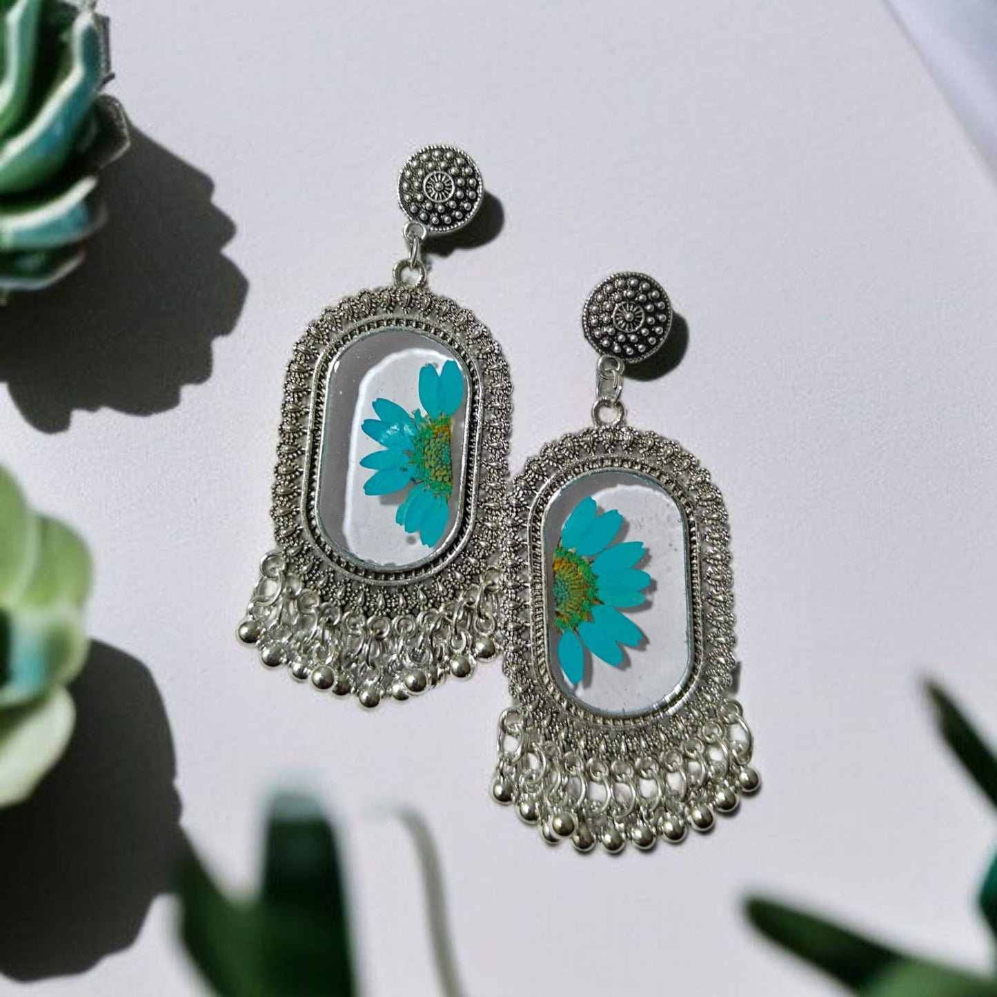 Blue Daisy Flower Earrings