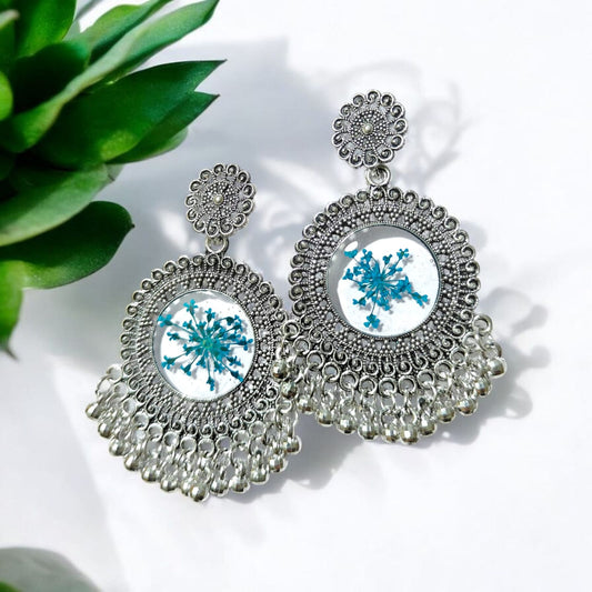 Round Oxidised blue flower Earrings