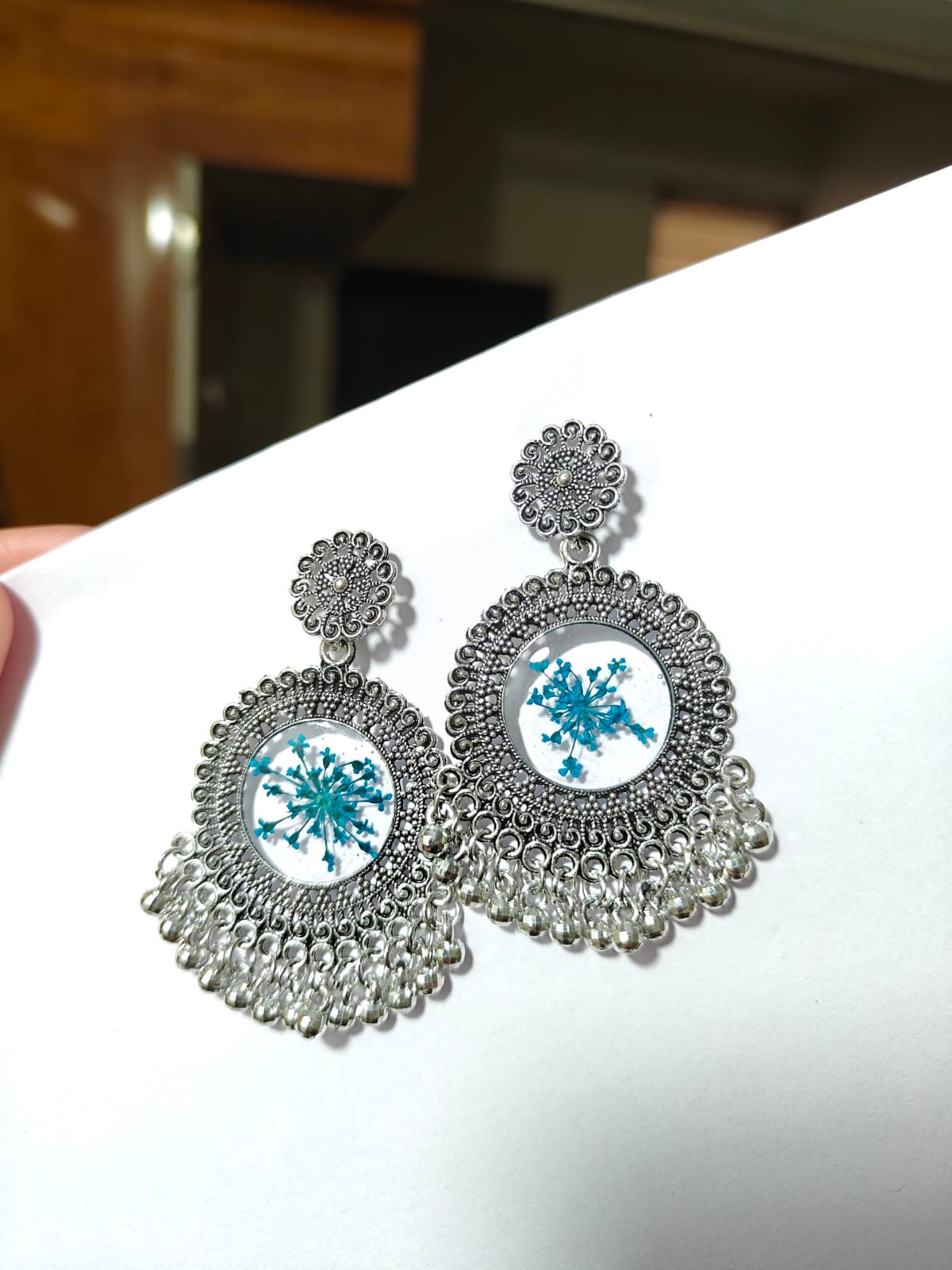 Round Oxidised blue flower Earrings